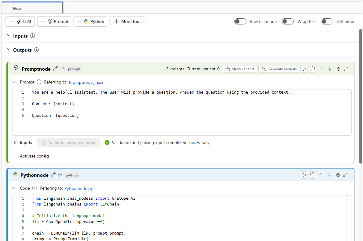 Screenshot dei flussi che evidenzia il pulsante del prompt e il modello di sistema.