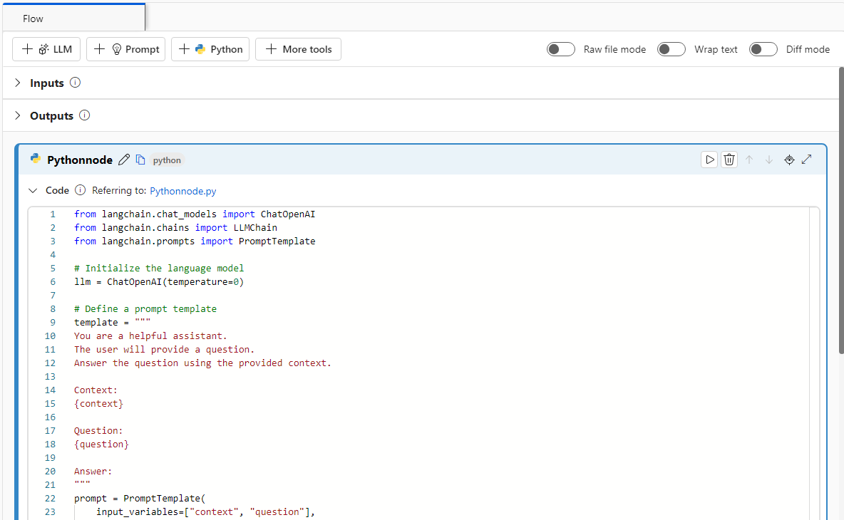 Screenshot dei flussi che mostra il nodo del codice e il grafico LangChain.