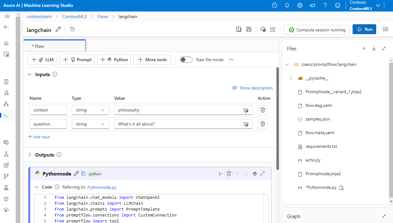 Screenshot di un flusso con la libreria Python langchain.