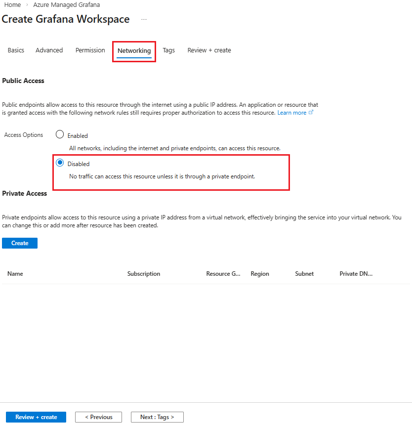 Screenshot del portale di Azure che disabilita l'accesso pubblico durante la creazione dell'area di lavoro di Grafana.