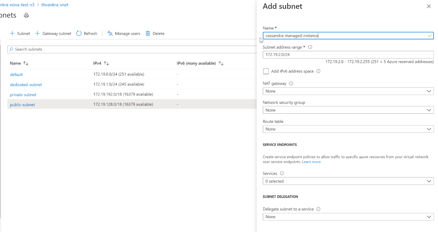 Screenshot che mostra l'opzione per attivare e aggiungere una nuova subnet alla tua rete virtuale.