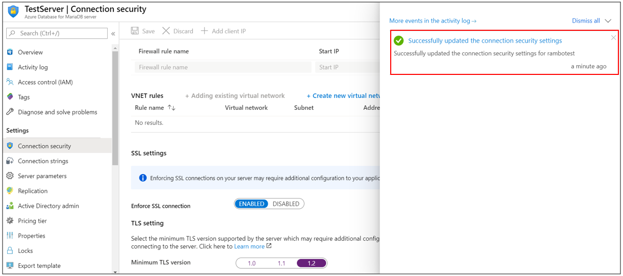 Azure Database for MariaDB TLS configuration success