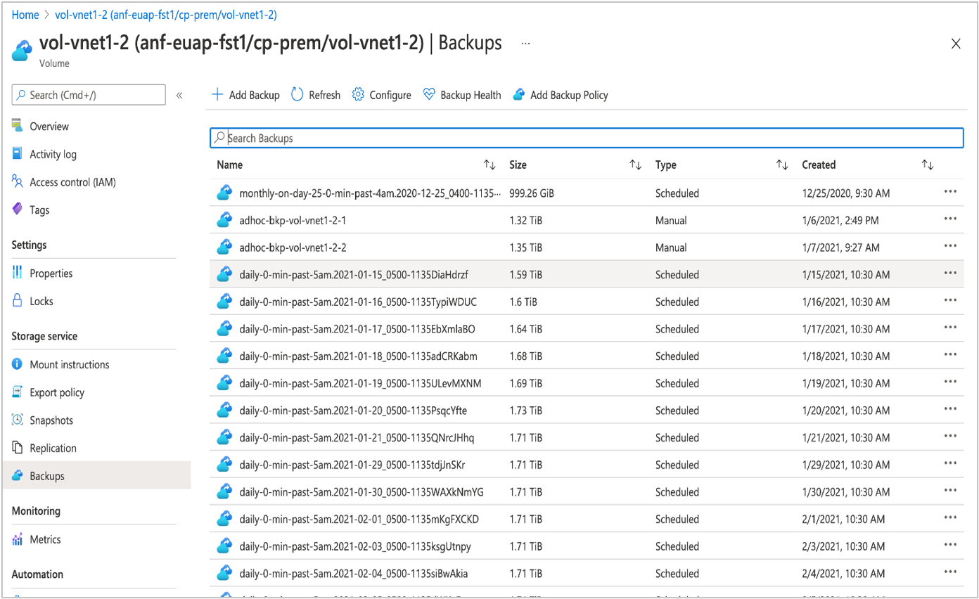 Screenshot che mostra un elenco di backup per un volume.