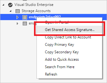 Opzione di menu di scelta rapida Get shared access signature (Ottieni firma di accesso condiviso)