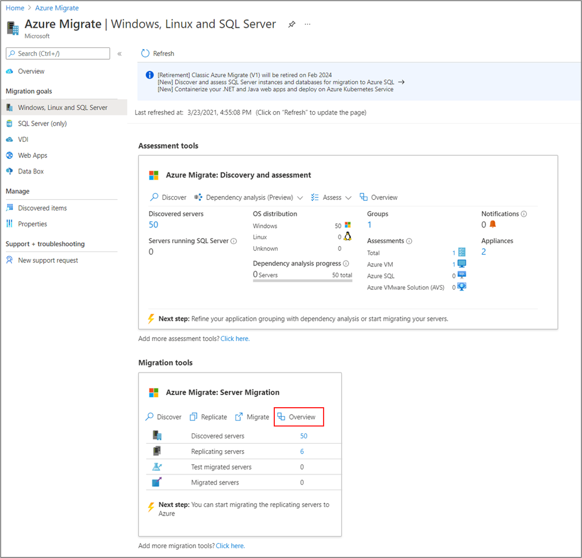 Screenshot che mostra la pagina Panoramica nell'hub di Azure Migrate.