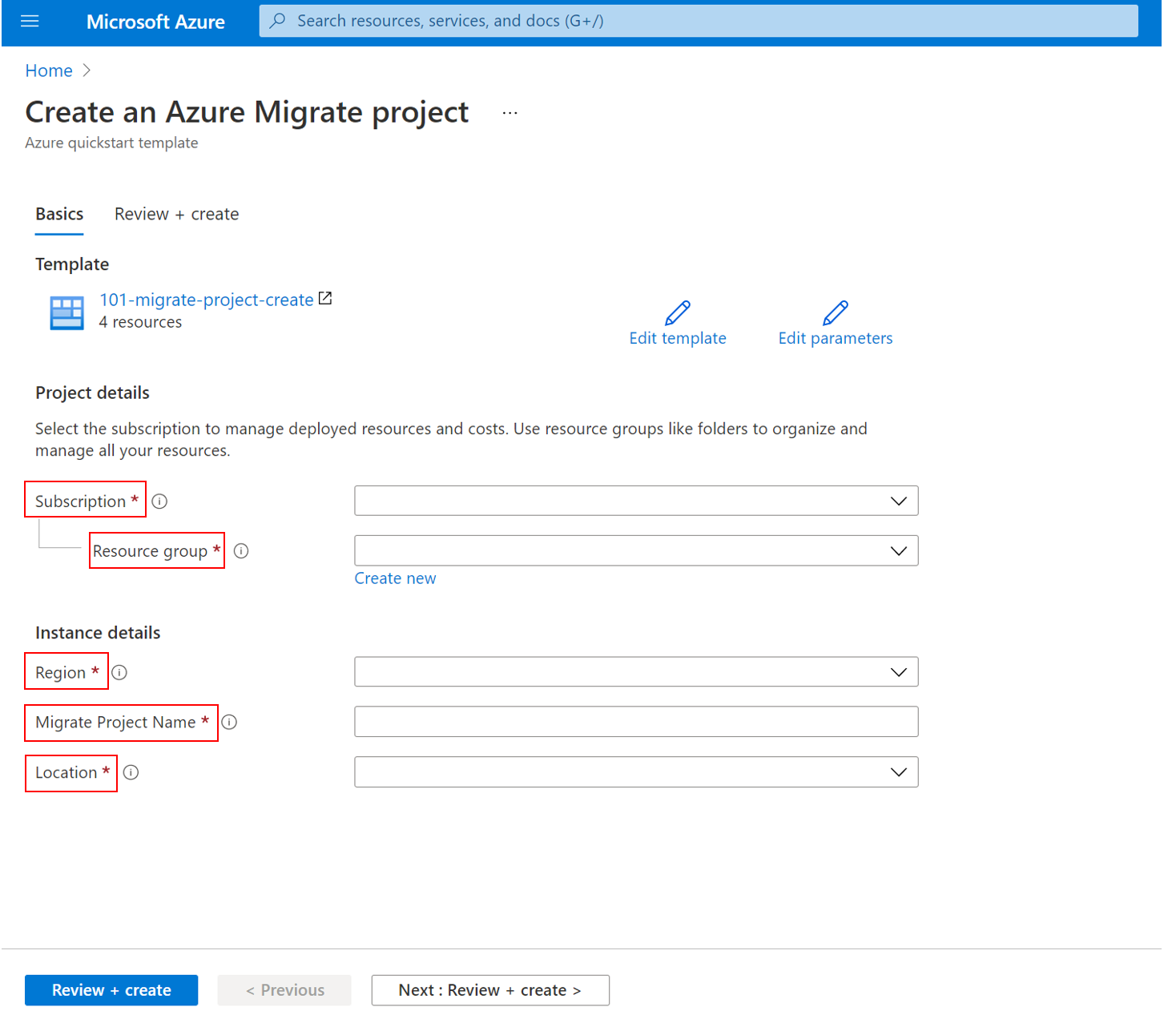 Modello per creare un progetto di Azure Migrate.