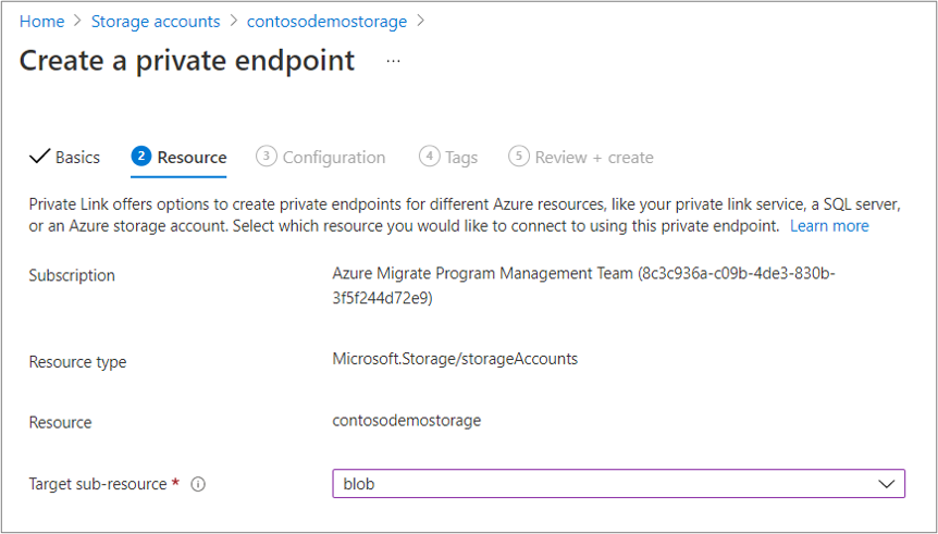 Screenshot that shows storage account private endpoint settings.
