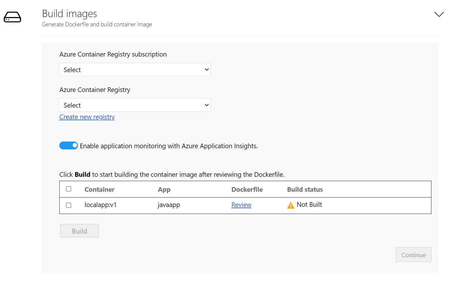 Screenshot per la selezione del Registro Azure Container dell'app.