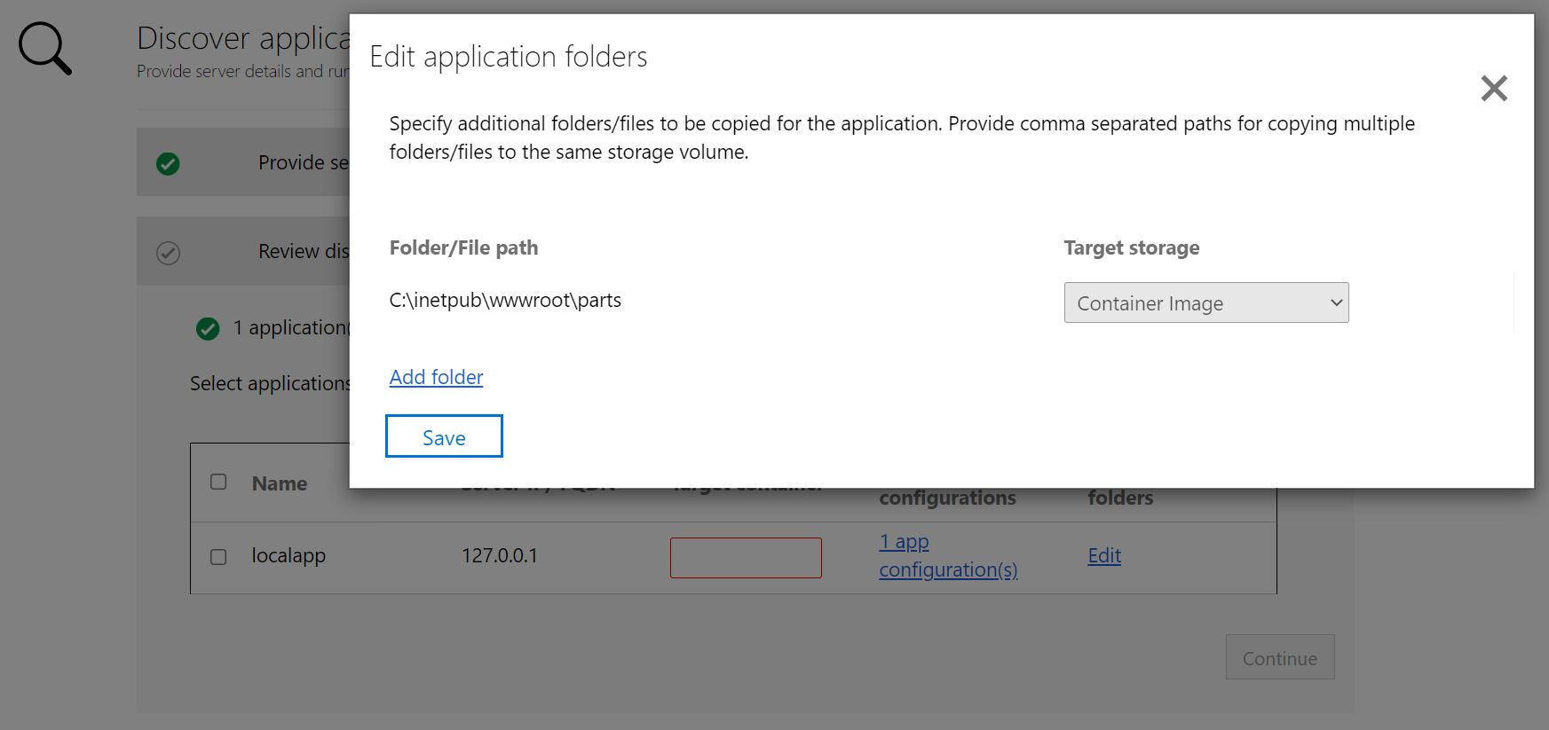 Screenshot che mostra la finestra Modifica cartelle dell'applicazione.