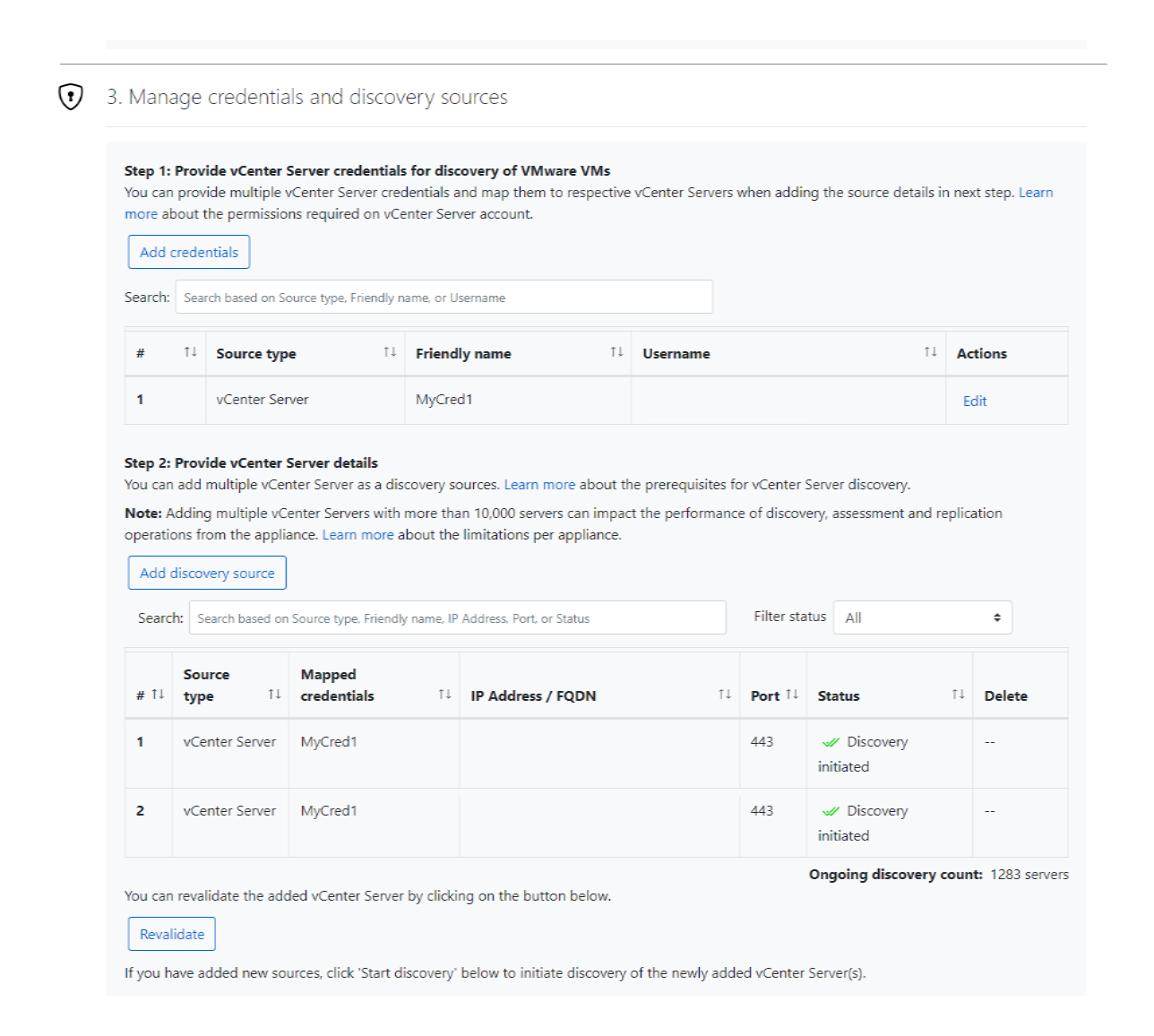 Screenshot che mostra la gestione delle credenziali e delle origini di individuazione per il server vCenter in Gestione configurazione appliance.
