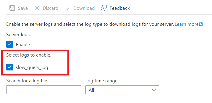 Screenshot che mostra la selezione del log 'slow' - Log del server.