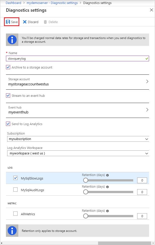 Screenshot delle opzioni di configurazione delle impostazioni di diagnostica con l'opzione Salva evidenziata