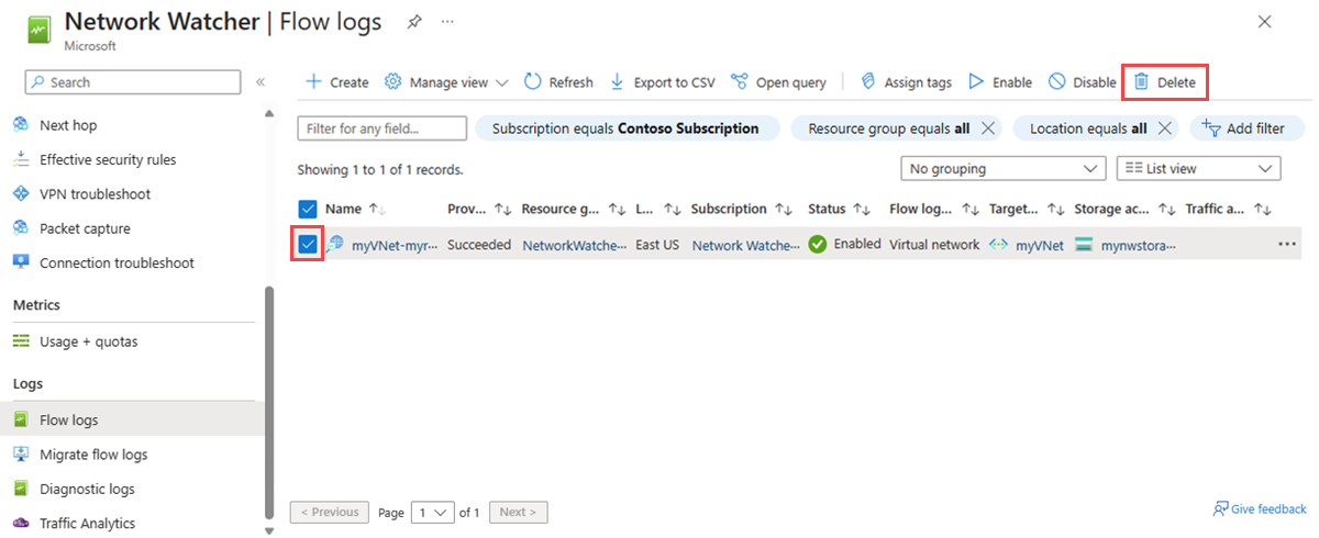 Screenshot che mostra come eliminare un log dei flussi nel portale di Azure.