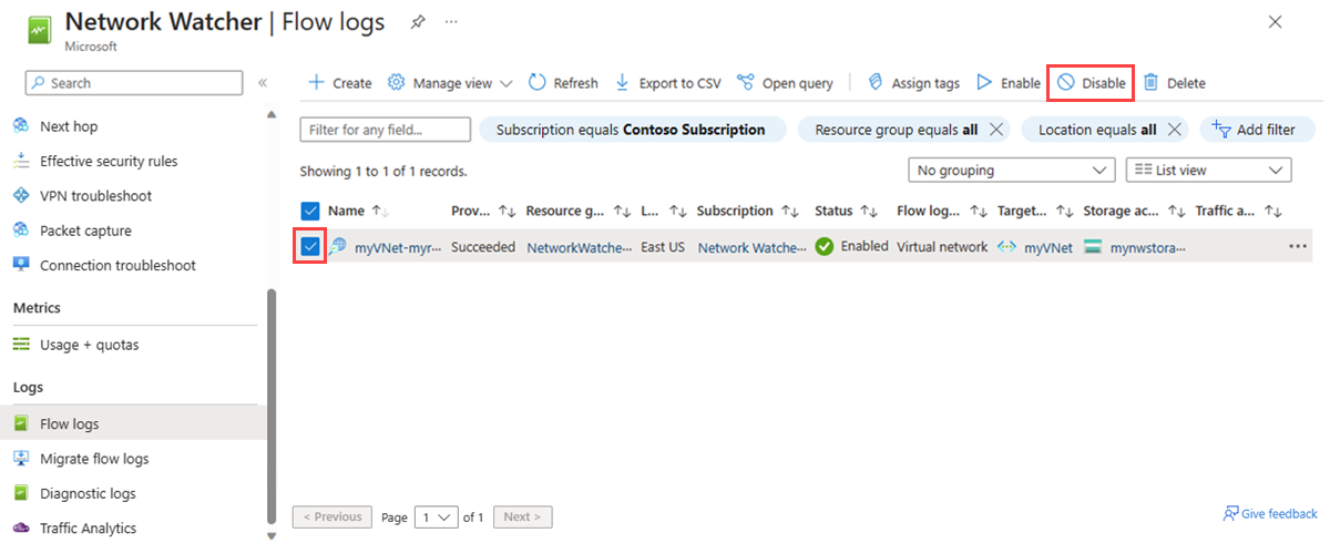 Screenshot che mostra come disabilitare un log dei flussi nel portale di Azure.