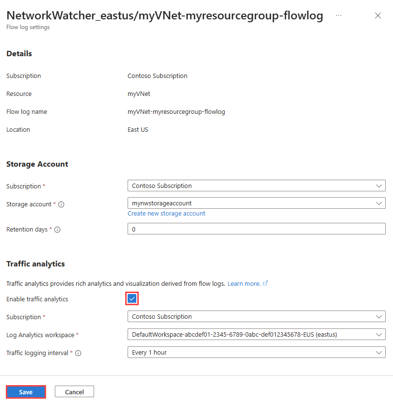 Screenshot che mostra come disabilitare l'analisi del traffico per un log dei flussi esistente nel portale di Azure.
