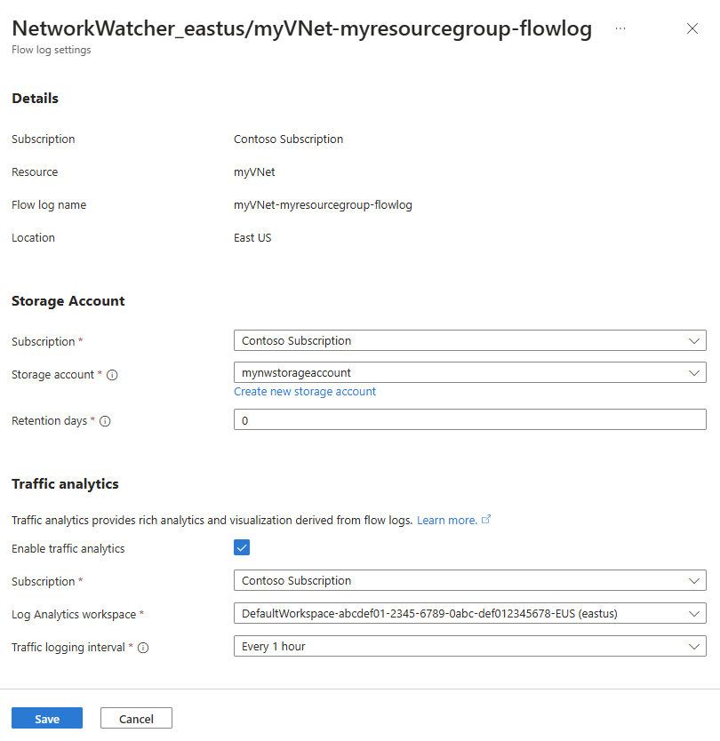 Screenshot della pagina delle impostazioni dei log dei flussi nel portale di Azure.