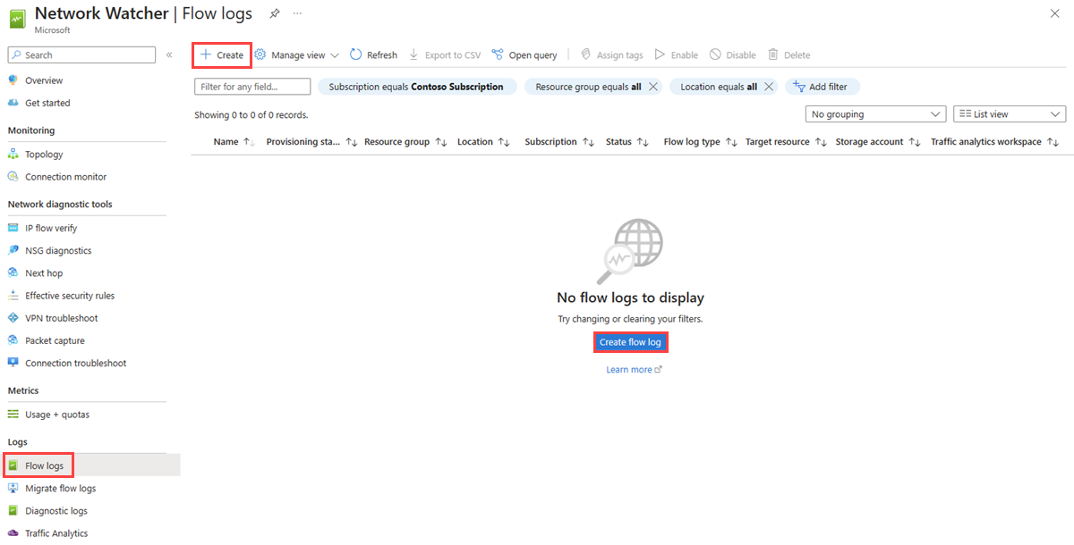 Screenshot dei log dei flussi di Network Watcher nel portale di Azure.