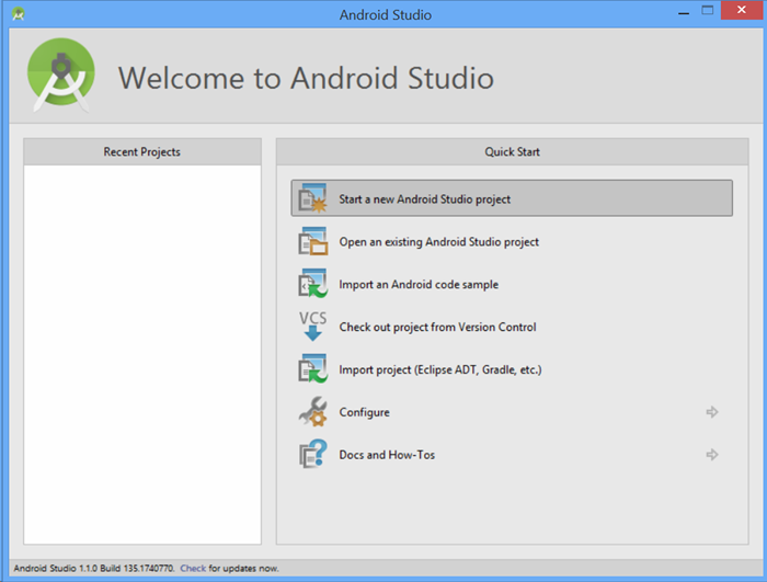 Android Studio: nuovo progetto