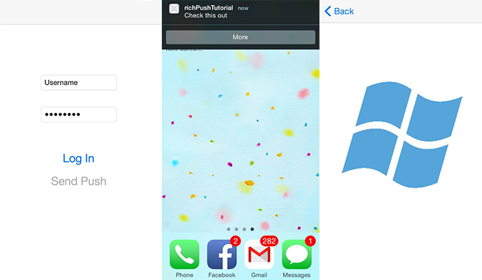 Tre screenshot: una schermata dell'app con un pulsante Invia push, una schermata Start in un dispositivo e un logo di Windows con un pulsante Indietro.