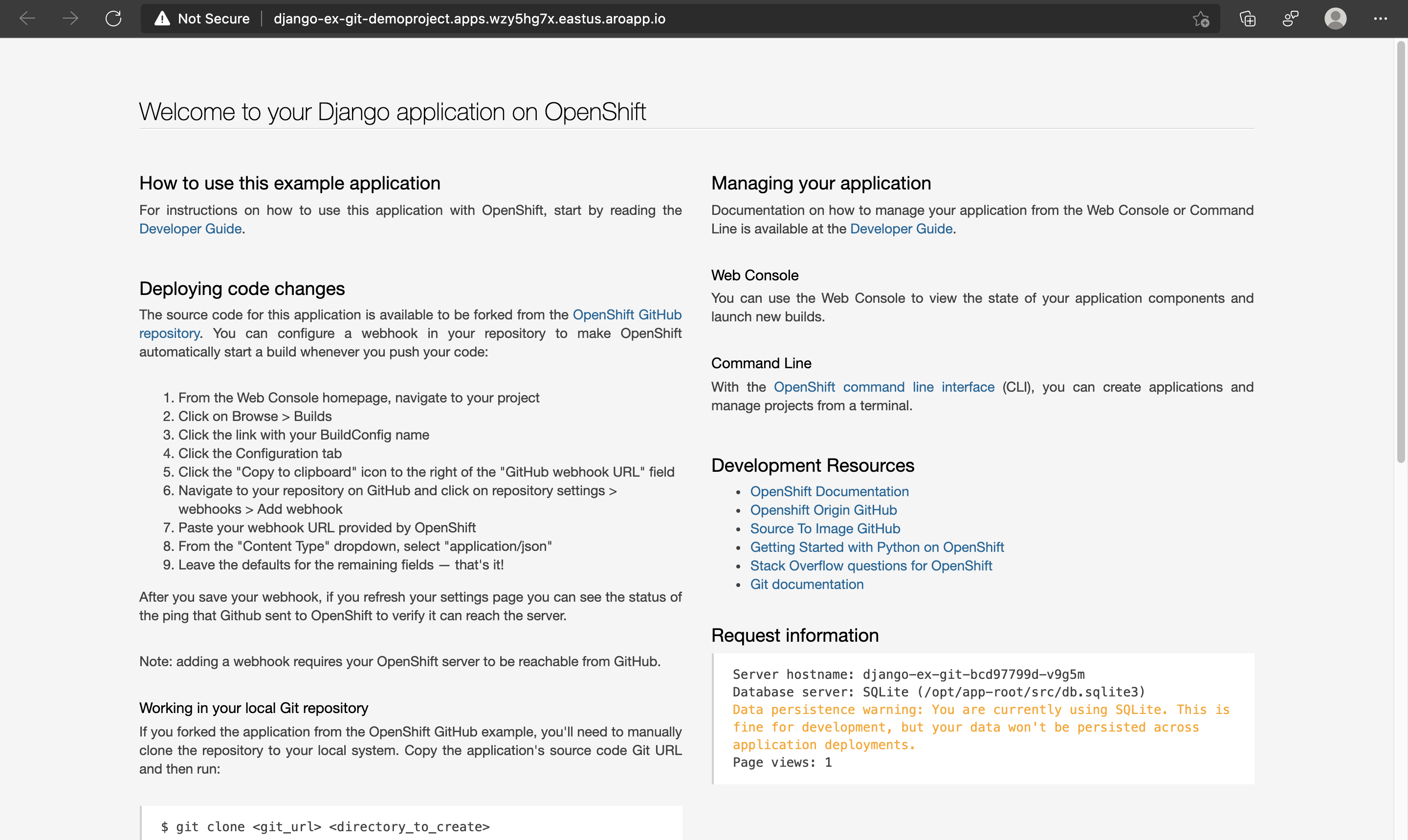 Progetto Azure Red Hat OpenShift da Git - Esplorare l'app
