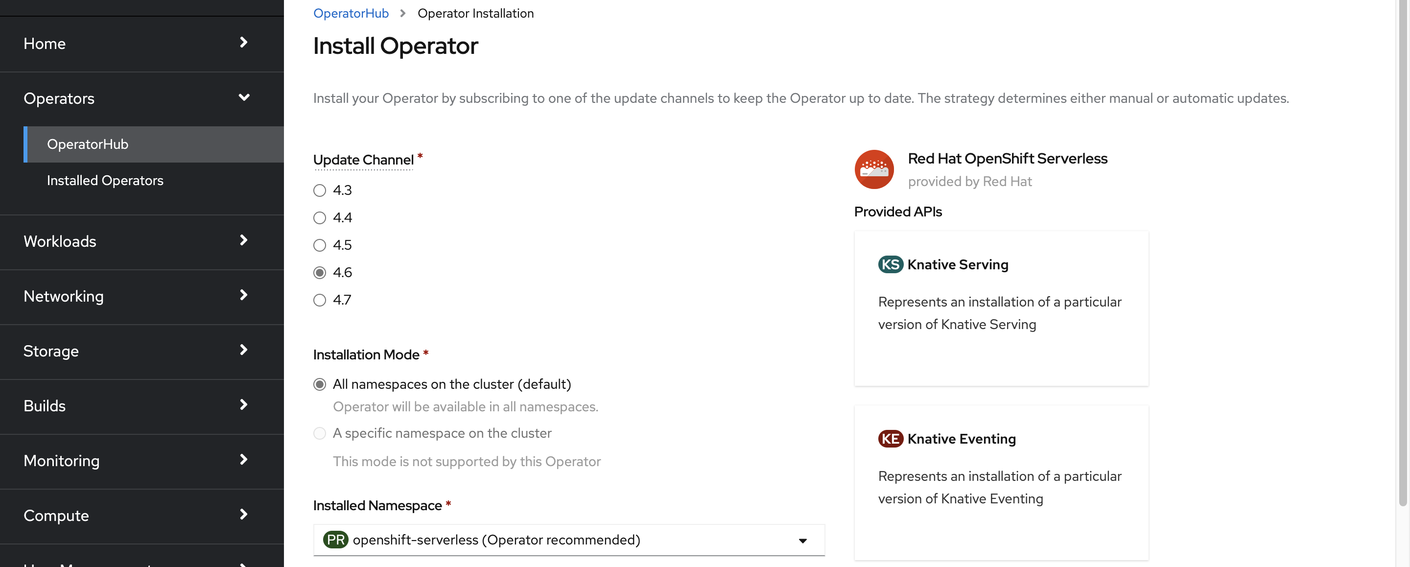 Screenshot che mostra la pagina Installazione dell’operatore.
