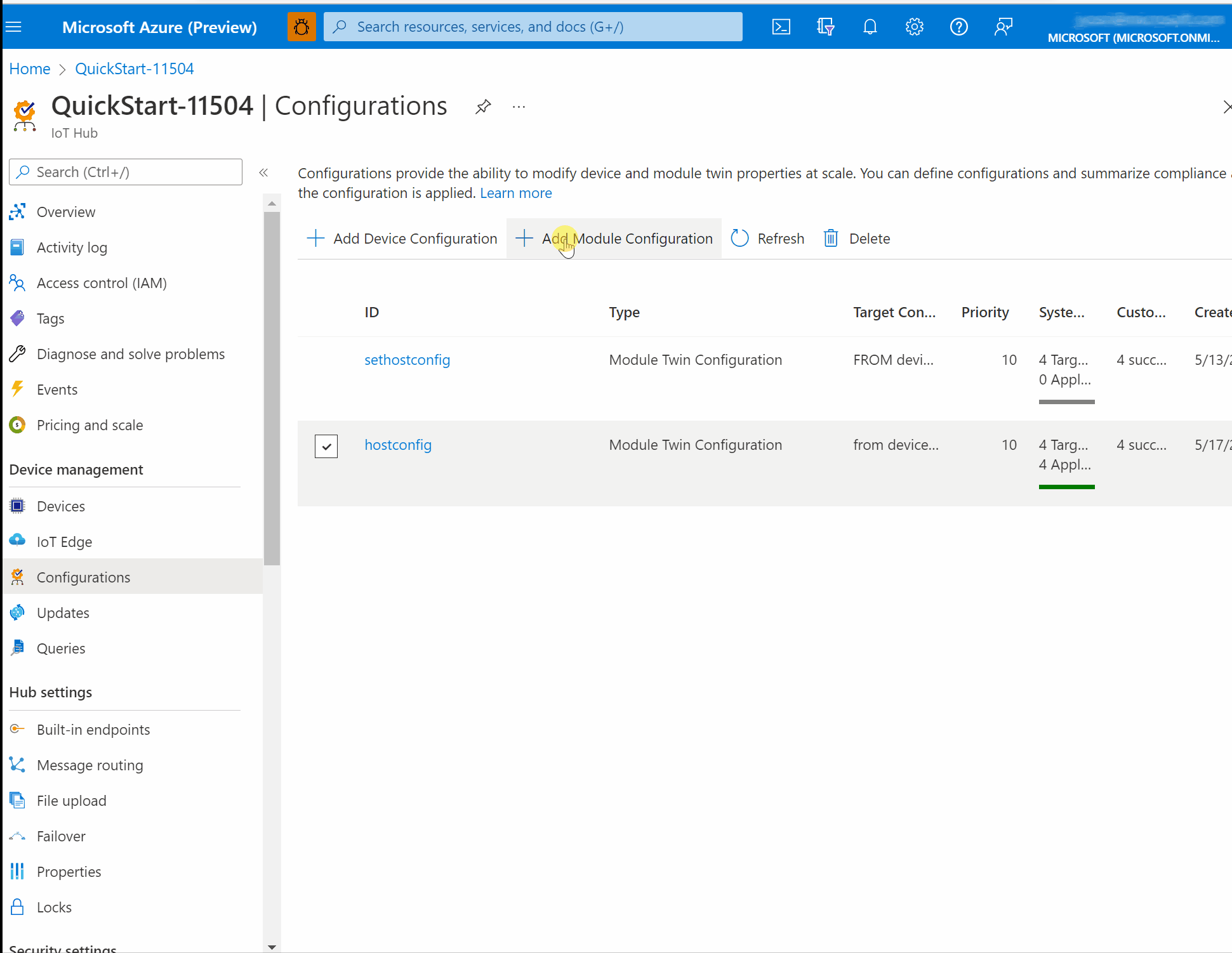 Acquisizione schermata che mostra la creazione di una configurazione dal portale di Azure con le impostazioni PackageManagerConfiguration