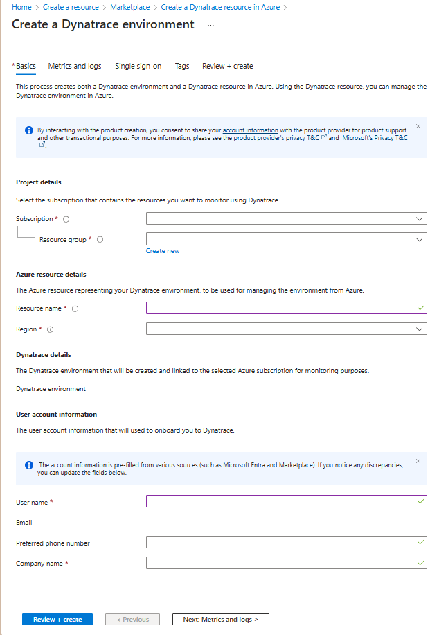 Screenshot delle opzioni Crea una risorsa Dynatrace in Azure all'interno del riquadro di lavoro del portale di Azure con la scheda Informazioni di base visualizzata.