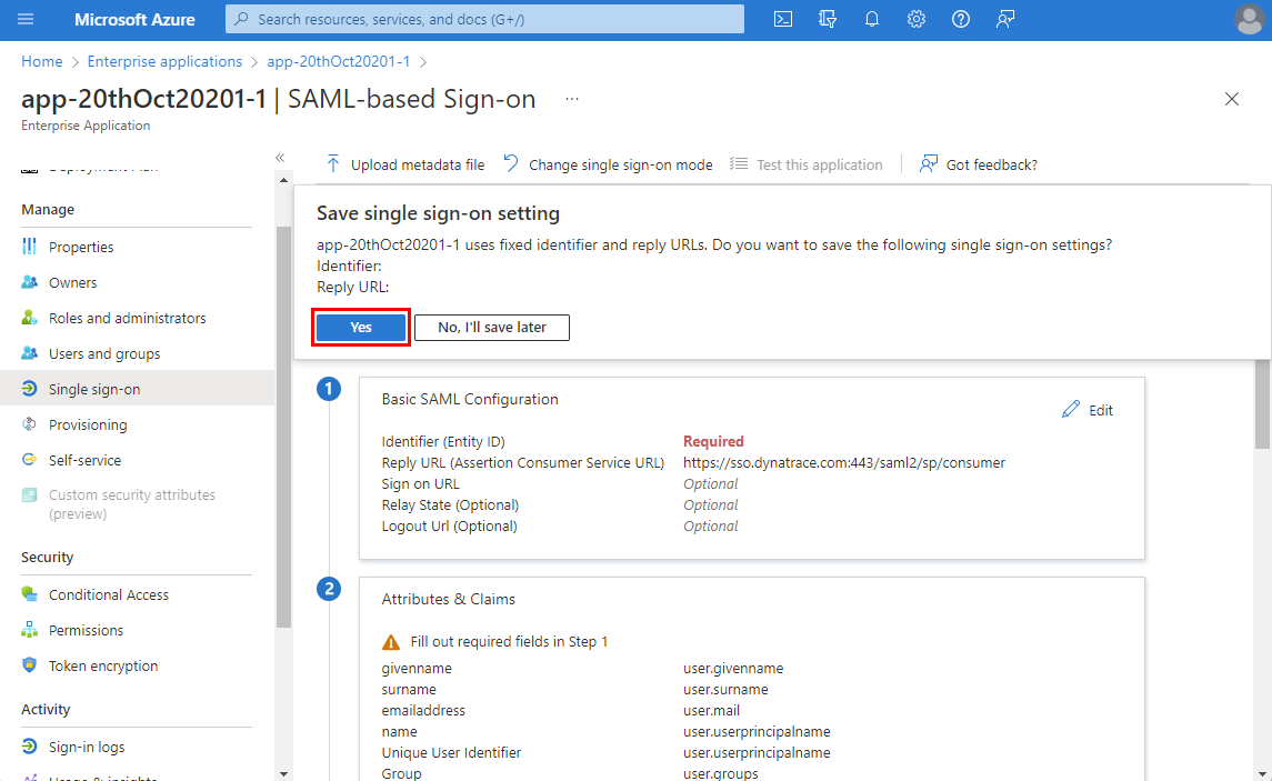 Screenshot of the Dynatrace S A M L settings.