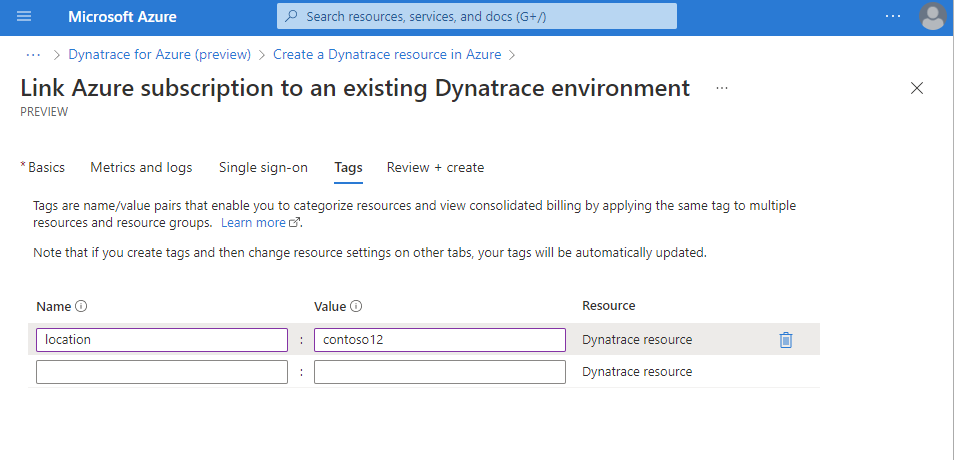 Screenshot che mostra l'elenco di tag per una risorsa Dynatrace.
