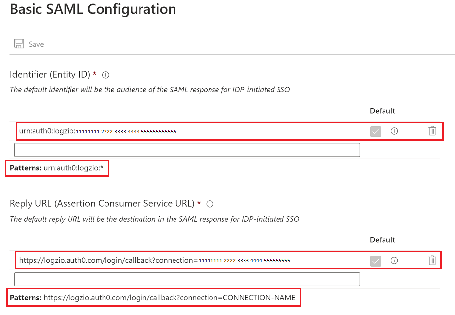 Screenshot delle impostazioni di configurazione SAML di base.