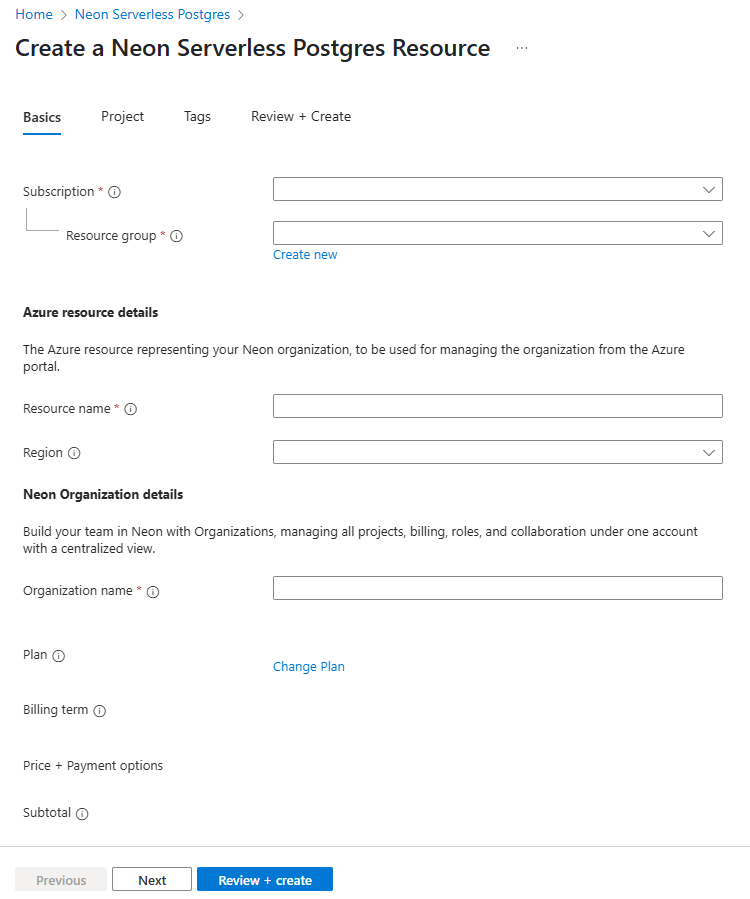 Screenshot del portale di Azure che mostra la scheda Informazioni di base per creare una nuova risorsa Neon.