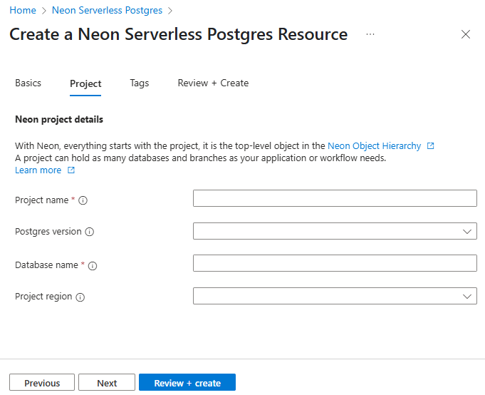 Screenshot del portale di Azure che mostra la scheda Progetto per una risorsa Neon.