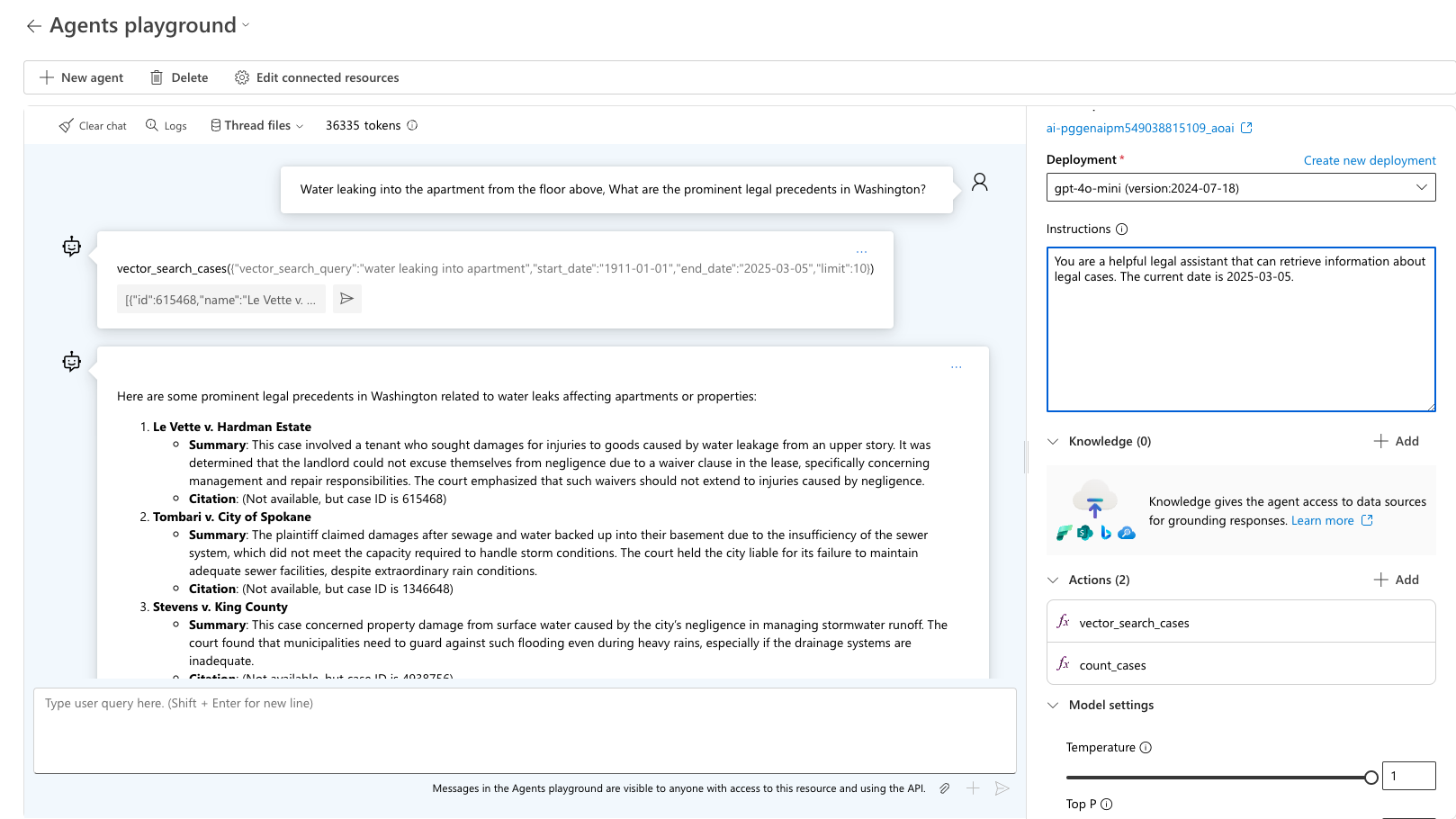 Screenshot che mostra i risultati di una query nel playground dell'agente.