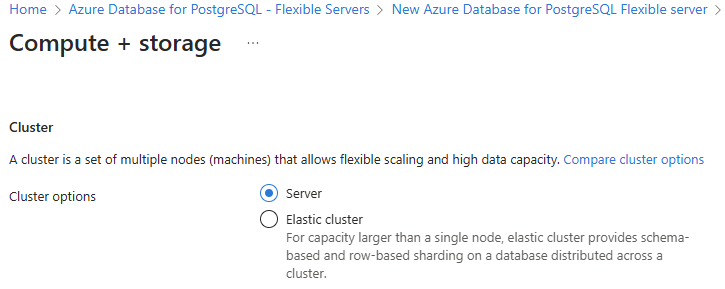 Screenshot della sezione superiore della pagina Calcolo e configurazione dell'archiviazione. Il server è selezionato. Il cluster elastico viene cancellato.