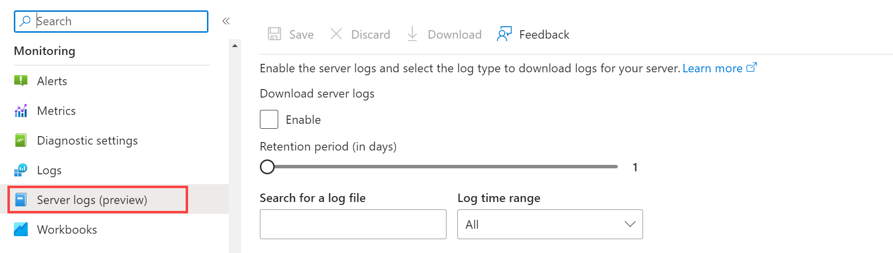 Screenshot che mostra Database di Azure per PostgreSQL log dei server flessibili.