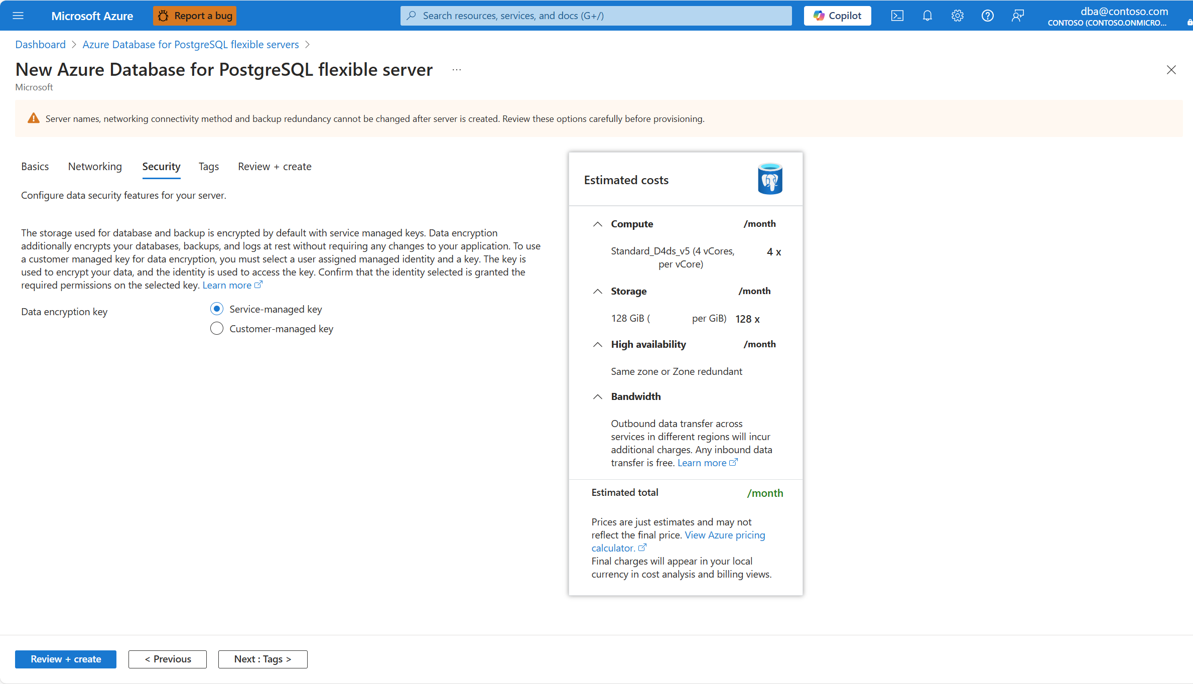 Screenshot che mostra il pulsante Avanti: Tag nella scheda Sicurezza della procedura guidata Nuovo server flessibile Database di Azure per PostgreSQL per creare una nuova istanza.