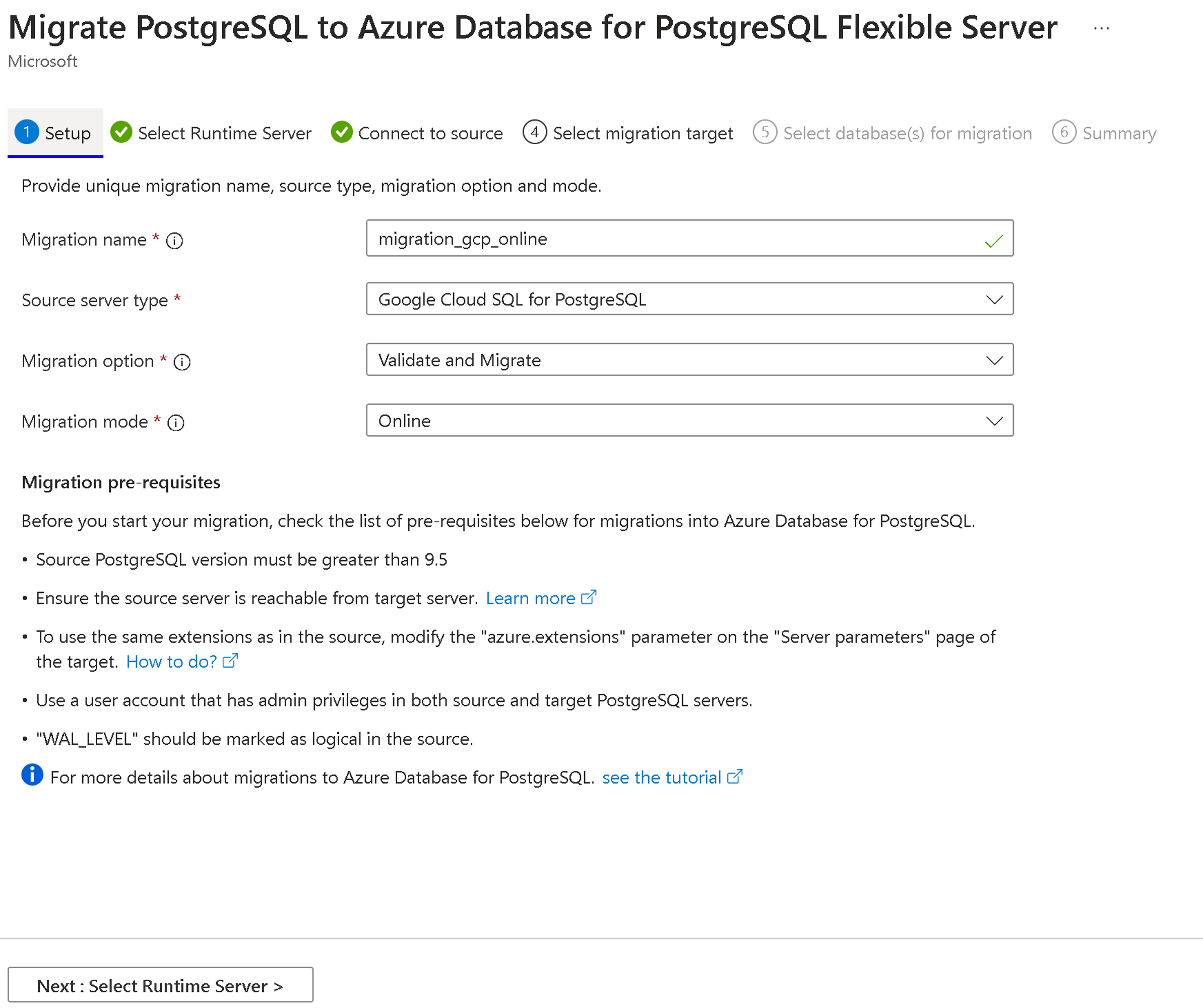 Screenshot della configurazione della migrazione nel portale di Azure.