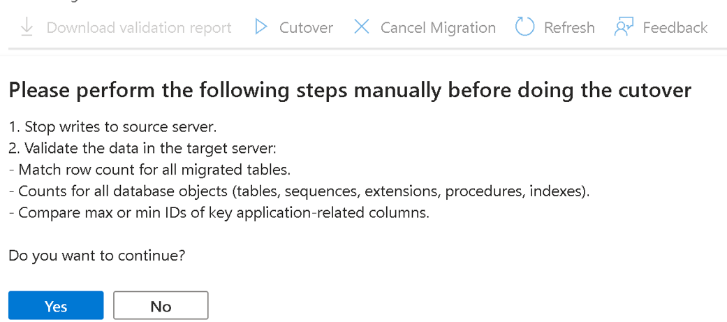 Screenshot di Confirmcutovermigration.