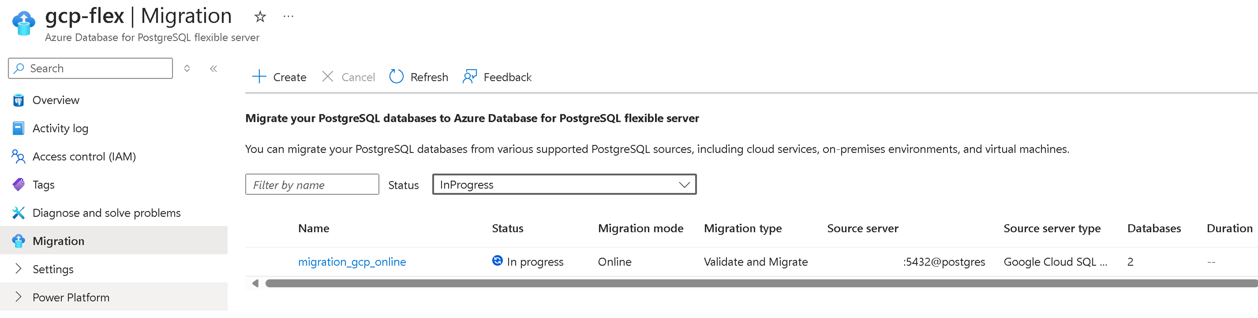 Screenshot del monitoraggio della migrazione.