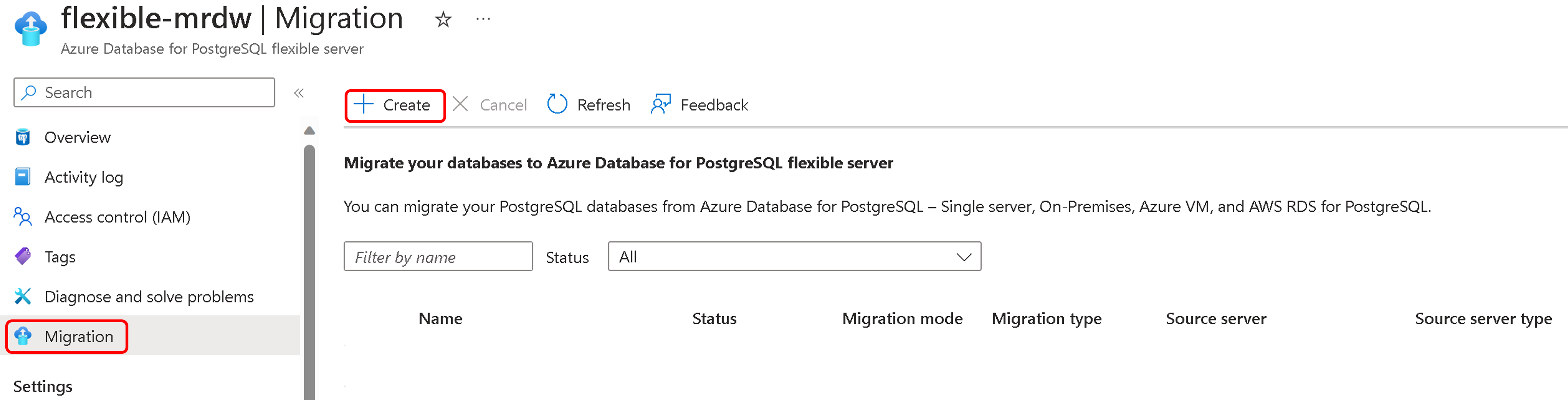 Screenshot della creazione di una migrazione.