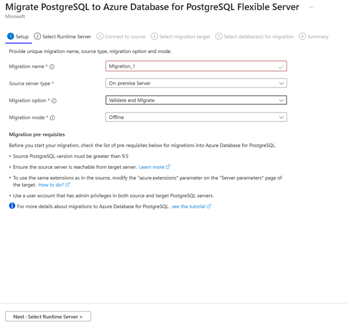 Screenshot della pagina di configurazione della migrazione nel portale di Azure.