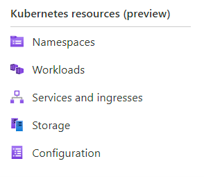 Screenshot del menu delle risorse Kubernetes (anteprima), che mostra spazi dei nomi, carichi di lavoro, servizi e in ingresso, opzioni di archiviazione e configurazione.