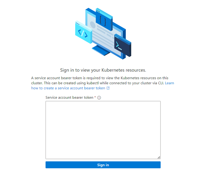 Screenshot della schermata di accesso per la risorsa Kubernetes. È disponibile una casella per immettere il token di connessione dell'account del servizio e un pulsante di accesso.