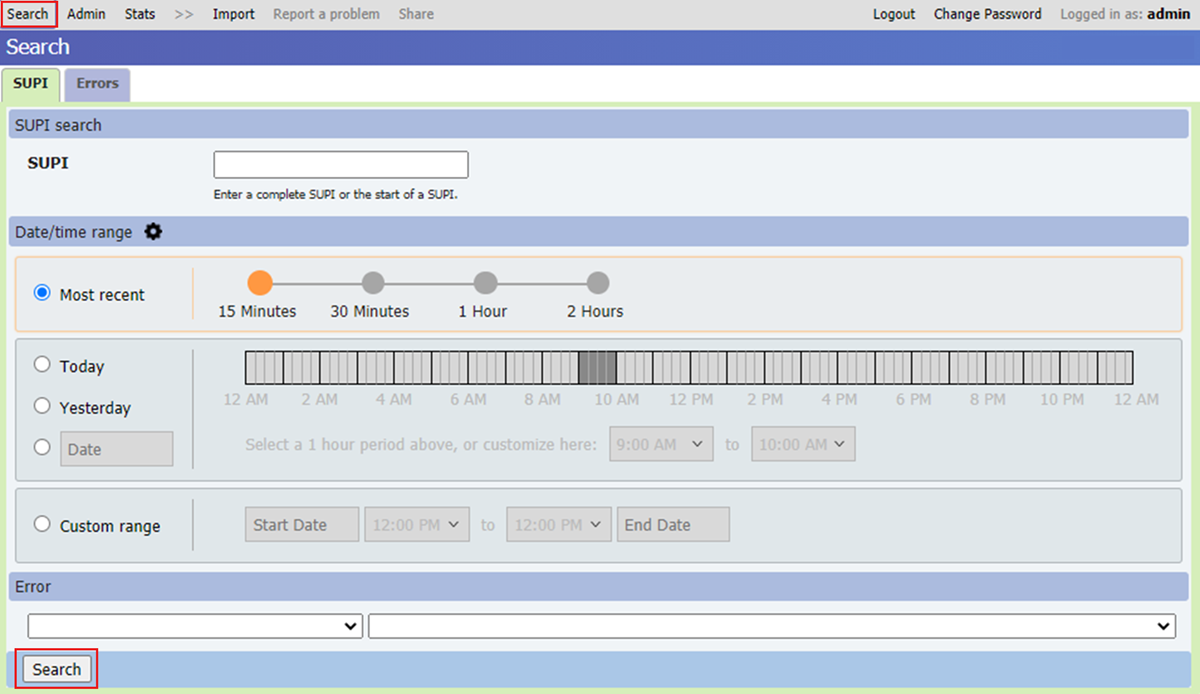 Screenshot of the Search display in the distributed tracing web G U I, showing the S U P I search field and date and time range options.