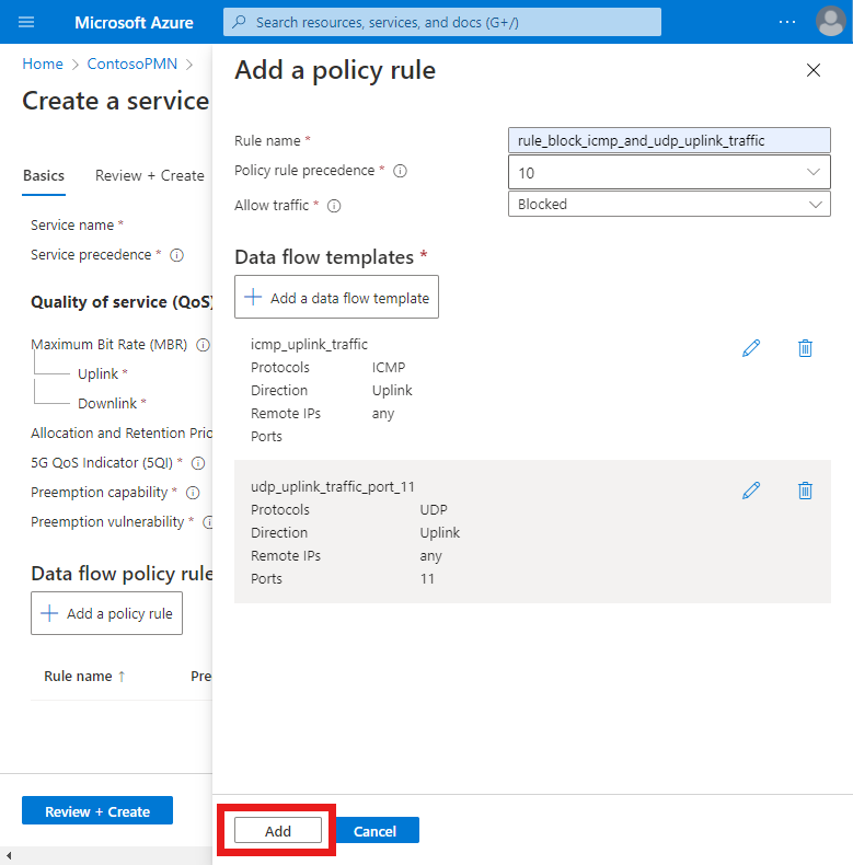 Screenshot della portale di Azure. La schermata Aggiungi una regola dei criteri viene visualizzata con la configurazione del filtro del protocollo e il pulsante Aggiungi è evidenziato.