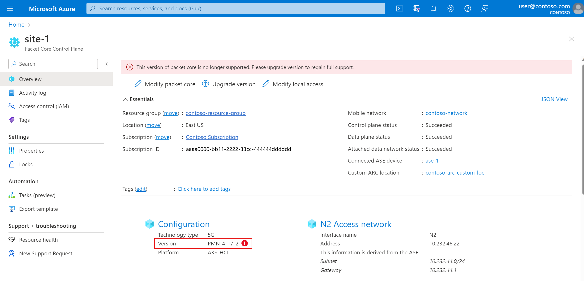 Screenshot del portale di Azure che mostra la panoramica delle risorse del piano di controllo di Packet Core.