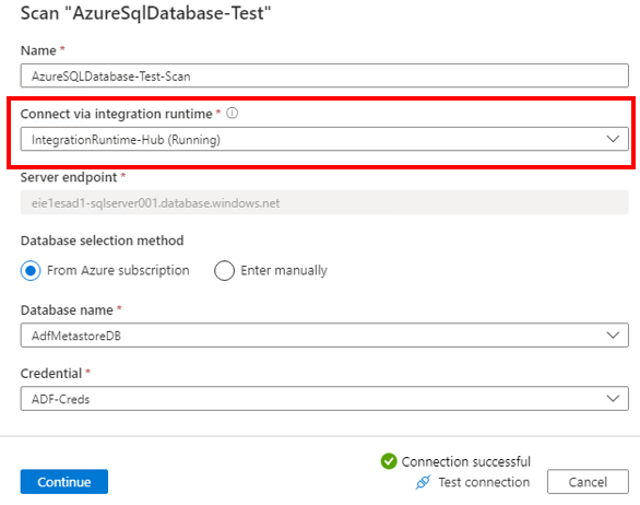 Screenshot che mostra l'esecuzione di un'analisi di Azure usando il runtime di integrazione self-hosted.