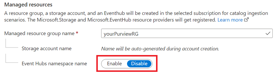 Screenshot che mostra l'interruttore dello spazio dei nomi hub eventi evidenziato nella sezione Risorse gestite della pagina Crea account Microsoft Purview.