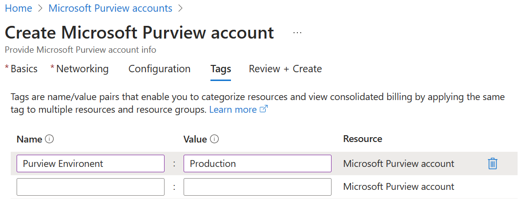 Screenshot che mostra la scheda tag con un tag di ambiente Purview aggiunto con il valore Production.