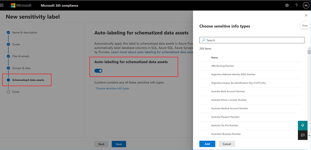 Definire regole di etichettatura automatica per gli asset di dati schematizzati nel Centro conformità Microsoft Purview